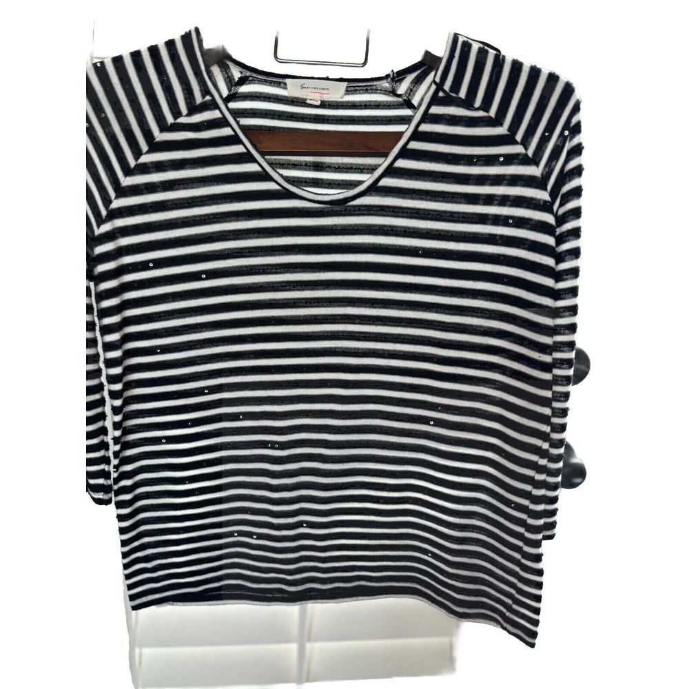 Two by Vince Camuto Striped Pullover Top Size XS sparkle Black And White